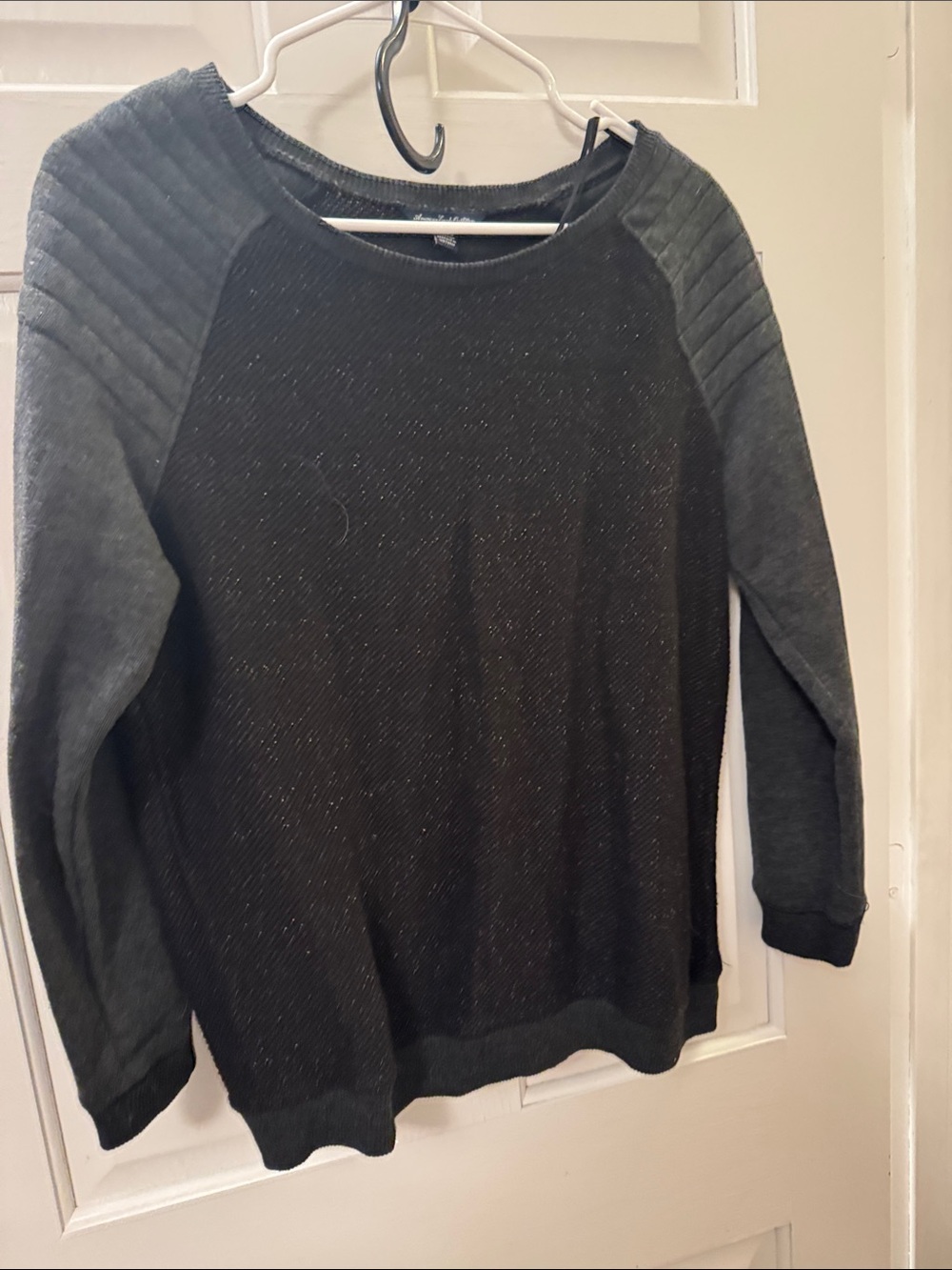 American Eagle Outfitters Black Quilted-Shoulder Crewneck Sweater